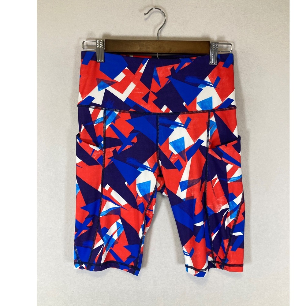 Geometric Abstract Ododos Women Medium Red Blue White High‎ Waist Biker Shorts